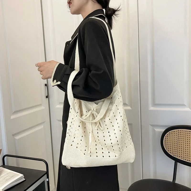 Korean Japan Chic Vintage Polyester Two Straps Open Drawstring Checkered Tote Bags Knitted Crochet Mesh Minimalist Women This