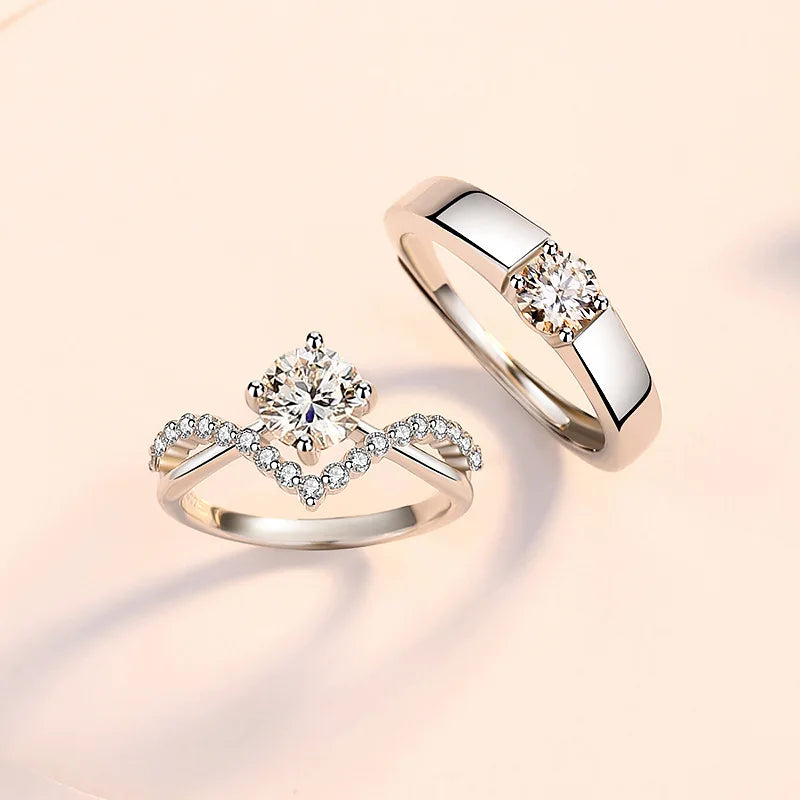 Coronation of Love Couple Four Claw Copper Inlaid Large Zircon Men's and Women's Wedding Rings Crown Open Pair