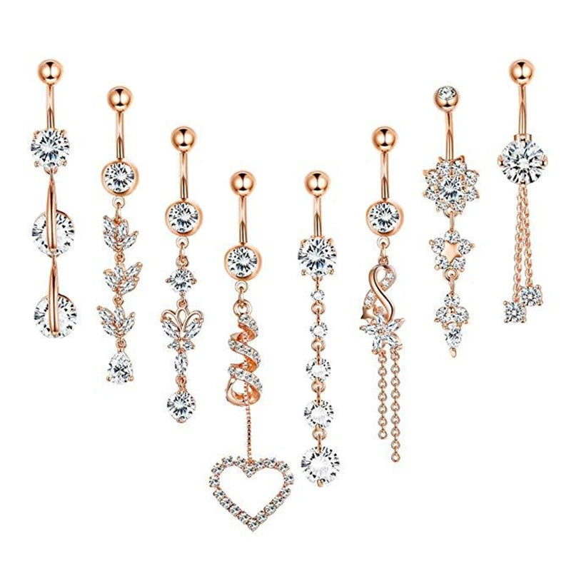 8Pcs/Set 14G 316L Stainless Steel Dangle Belly Button Ring Navel Ring Jewelry Clear Zircon Inlay Body Piercing Jewelry for Women