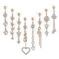8Pcs/Set 14G 316L Stainless Steel Dangle Belly Button Ring Navel Ring Jewelry Clear Zircon Inlay Body Piercing Jewelry for Women