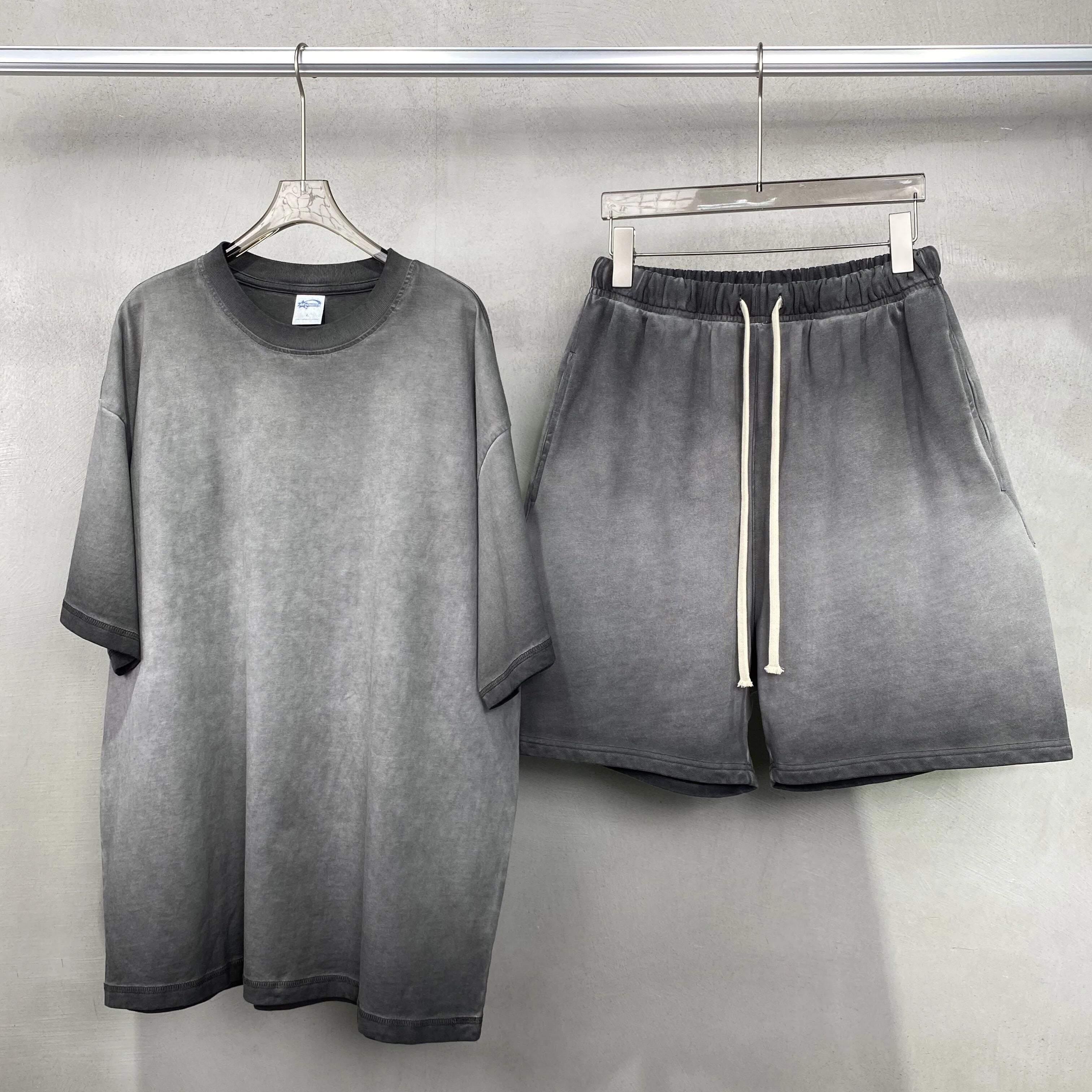 Custom 430 Gsm Men Cotton Summer Sun Faded Baggy Vintage Short Pants Acid Wash Sweat Oversized Distressed T-shirt and Shorts Set