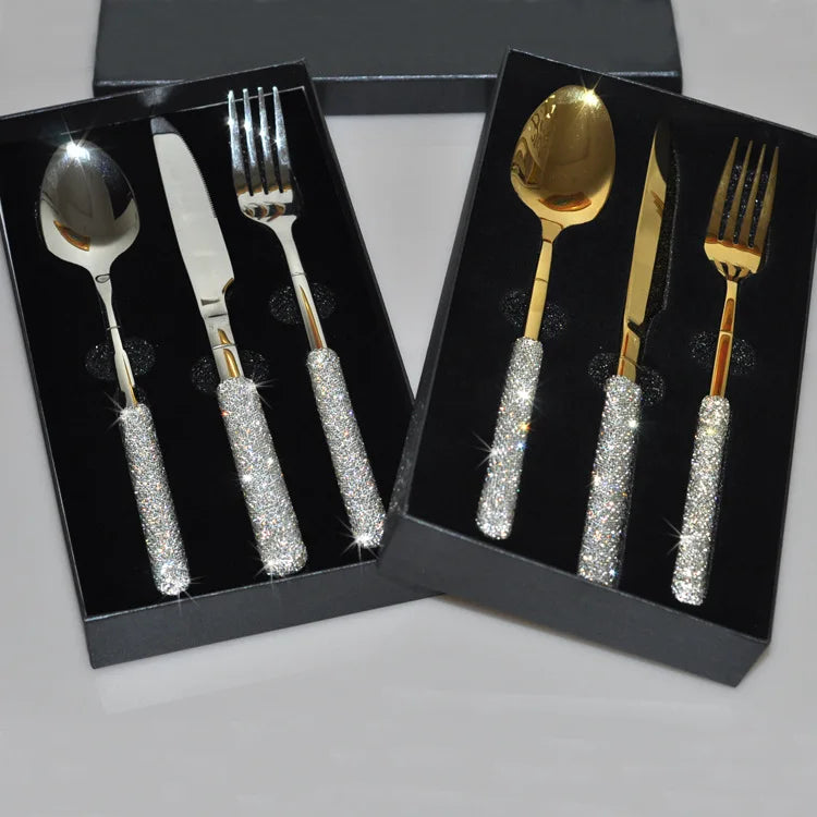 Luxury Diamond Stainless Steel Daily Using Spoon and Fork Set Bling Rhinestone Flatware Sets Gold Cutlery Set for Wedding