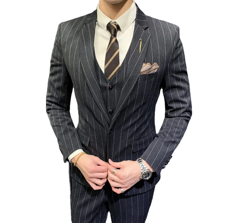 Trendy Black Blue Grey Stripe Mens Suits 3 Pieces Suit Terno Slim Fit Formal Office Wedding Groom Tuxedo for Men