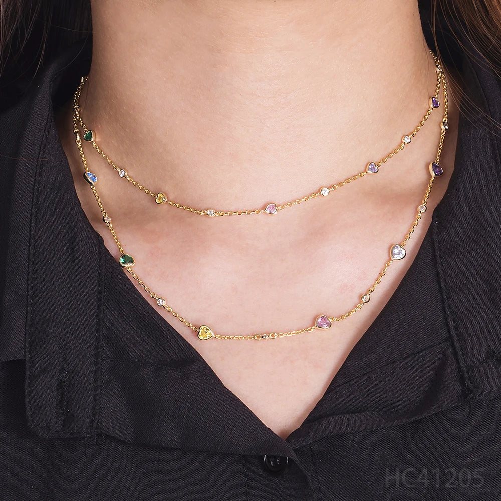 925 Sterling Silver 14K Gold Plated Bezel Setting Rainbow Color CZ Heart Charm Chain Necklace for Women