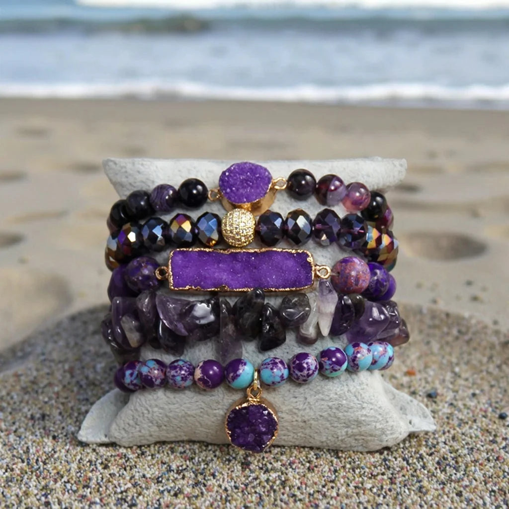 Fashion 5pc Women Vintage Custom Boho Jewelry Crystal Glass Natural Gemstone Druzy Bracelet Cubic Zircon Stack Bracelet Sets