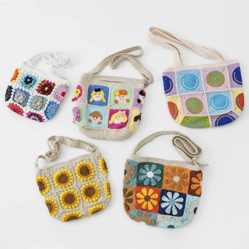 Small Mini White Floral Sunflower Pattern Kids Crochet Crossbody Sling Bag