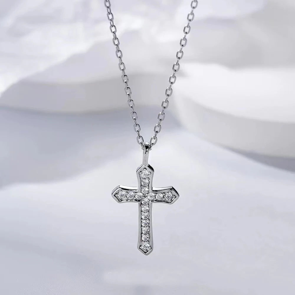 Exquisite Christian Cross Jewelry 925 Sterling Silver CZ Diamond Cross Pendant Fashion Clavicle Chain Women Necklace