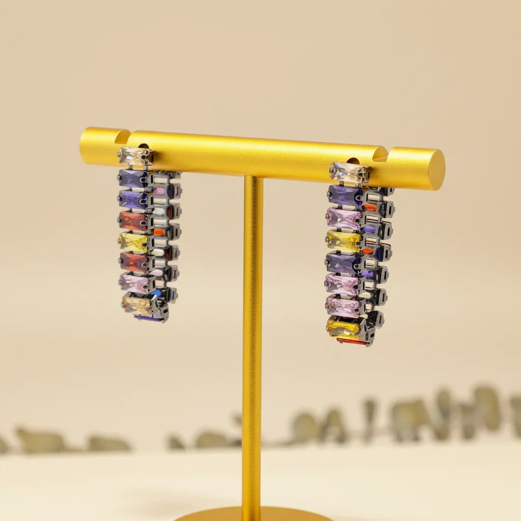 Ilona Trendy Multicolor Crystal Tassel Drop Earrings Copper Rectangle CZ Chain Statement Long Dangle Earrings for Women Party