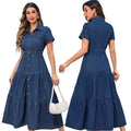 RNSHANGER Women's New Dress Streetwear Single Breasted Casual Y2k Maxi High Waist Dresses a Line Turn Down Collar Long Dress