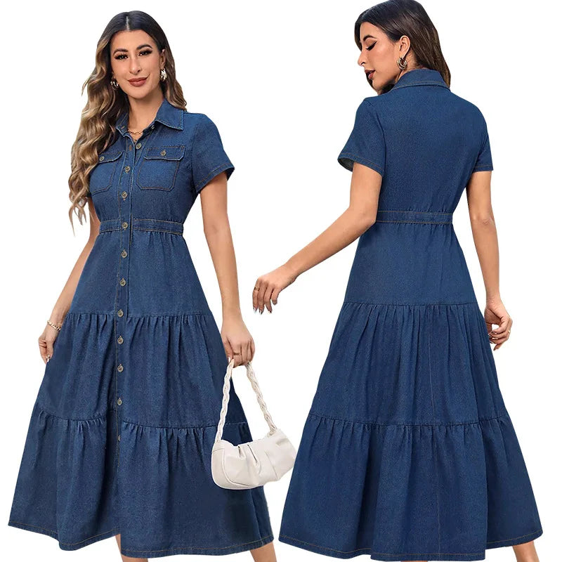 RNSHANGER Women's New Dress Streetwear Single Breasted Casual Y2k Maxi High Waist Dresses a Line Turn Down Collar Long Dress
