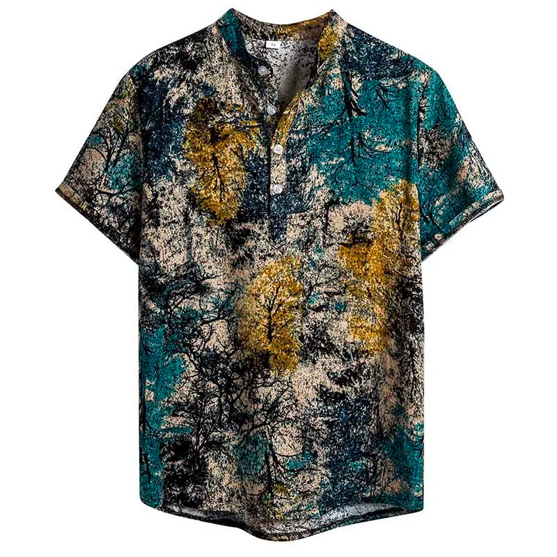 New Arrival Mens Short Sleeve Casual Cotton Linen Printing Hawaiian Shirt Blouse Men Shirts Loose Plus Size Tops