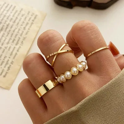 4Piece Gold Knuckle Ring Set Vintage Pearls Boho Stackable  Rings for Women Set Ring