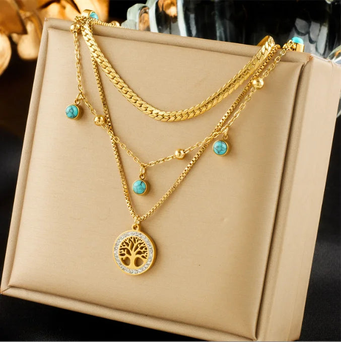 Stainless Steel Round Tree of Life Turquoise Pendant Necklace for Women Girl Trend Multilayer Clavicle Chains Waterproof Jewelry