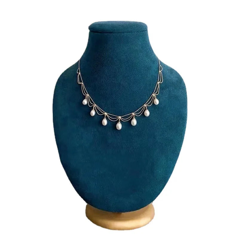 Vintage Natural Freshwater Pearl Necklace Silver Plated 14k Gold Lace Fringe Clavicle Chain Unisex Natural Stone 6mm-7mm Pearl