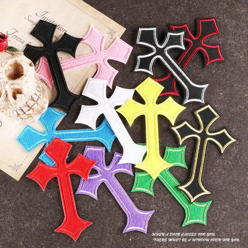 In Stock Wholesale DIY Fabric Clothes Accessory Multiple Colors Iron on Twill/Felt 4" Embroidery Gothic Cross Patch for Clothing