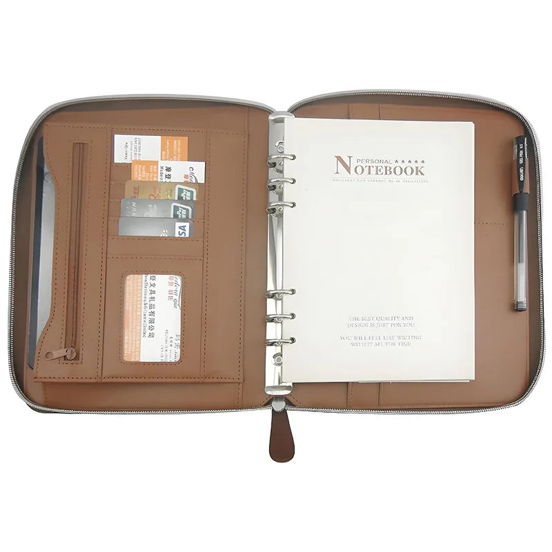 Modernqiu  Custom Logo A5 Leather Portfolio Briefcase with 6 Ring Binder Agenda Planner Zipper File Folder  for Office Use