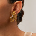 J&D Boho Style Stainless Steel 18K Gold Plated Earrings Scalloped Rhinestone Fashion Sun Flower Earrings