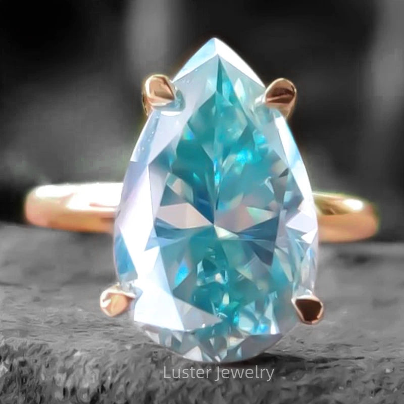 Luster Jewellery 10/14/18k 5ct Pear Blue Moissanite Engagement Solid Gold Rings for Moissanite Women Rings