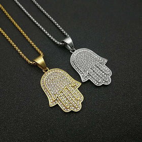HIPHOP Hip Hop Jewelry Titanium Steel Gold Plated Diamond Fatima Hand Pendant Necklace