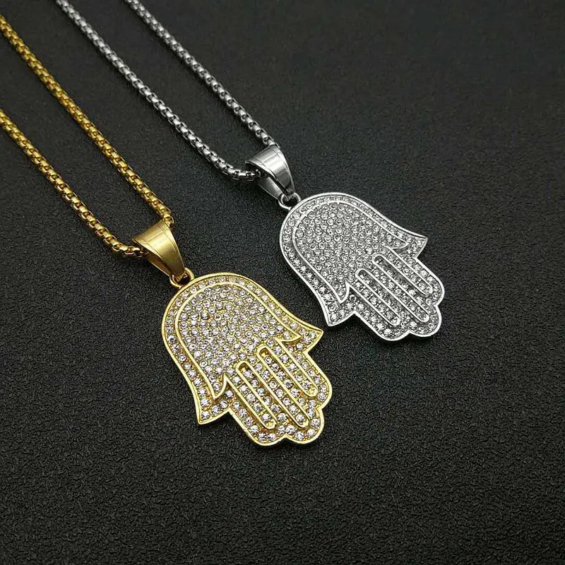 HIPHOP Hip Hop Jewelry Titanium Steel Gold Plated Diamond Fatima Hand Pendant Necklace