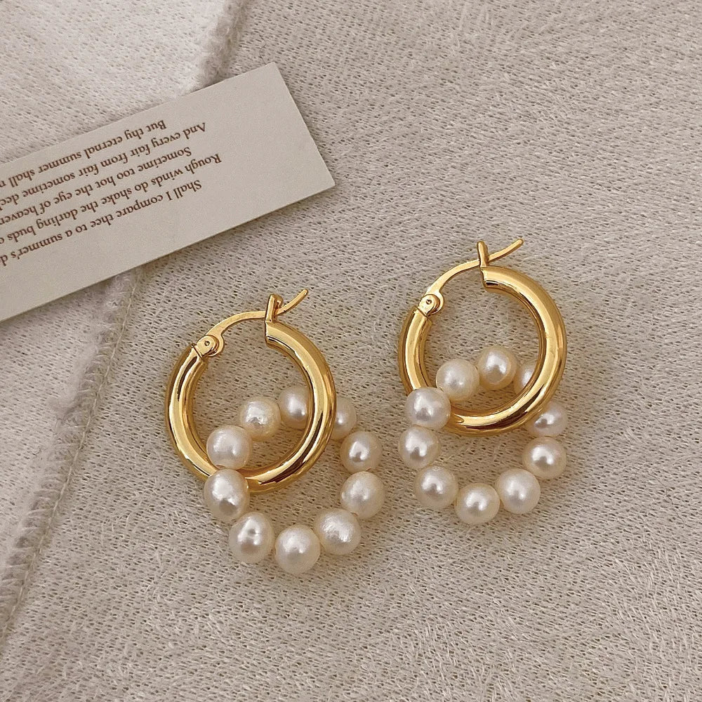 ROMANTIC Classic Fashion Jewelry Brass Small Circle Hoop Natural Pearl Earring for Women
