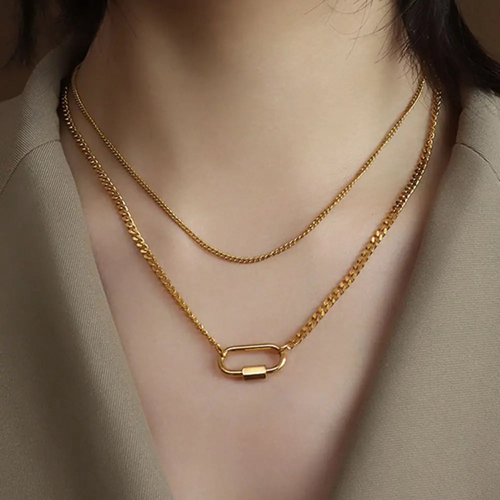 Feminine Charm Necklace Double Chain  Stainless Steel Jewelry Necklace Gold Plated Necklace Design