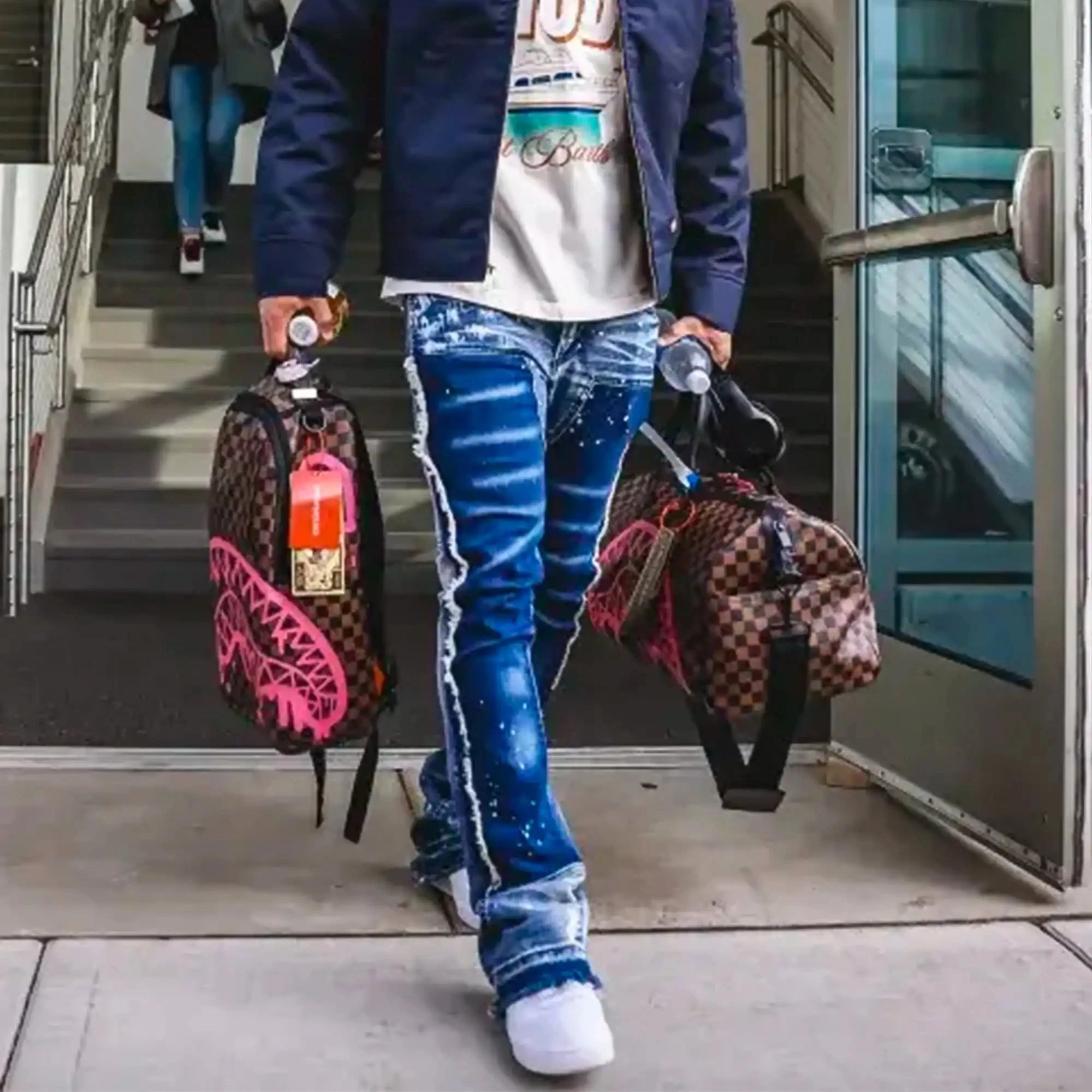 Wash Blue Paint Double Knee Fabric Work Trousers Stacked Denim Pants Men's Casual Cotton Dark Blue High Street Letter Print