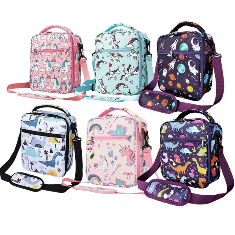 Large Capacity 20L Insulated Waterproof Foldable Polyester Twill Oxford Cartoon Unicorn Print Student Lunch Bag for Kids Picnic