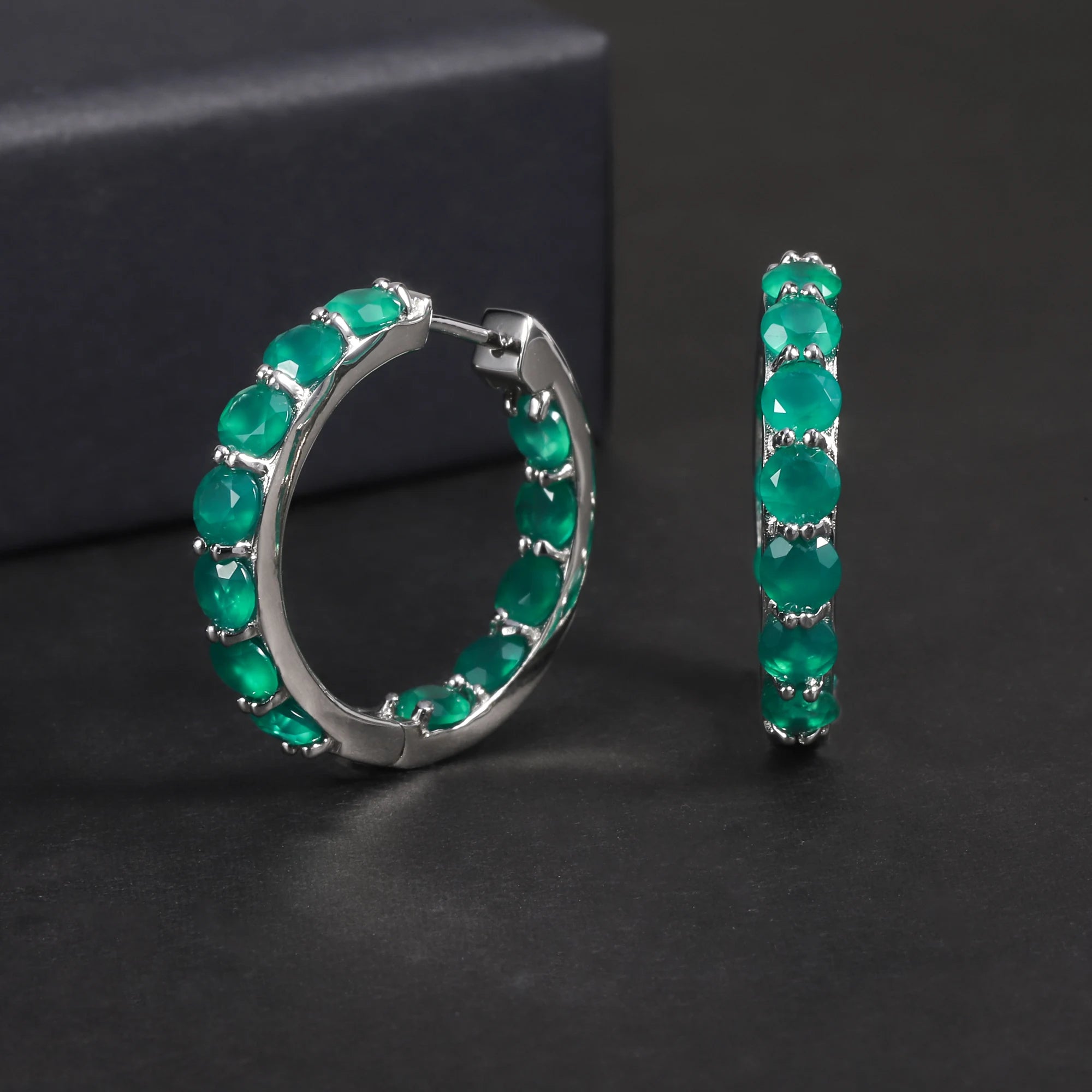RZ0004 Abiding Jewellery Factory Inside Outside Hoops Natural Green Agate Gemstone 925 Sterling Silver Big Hoop Earrings