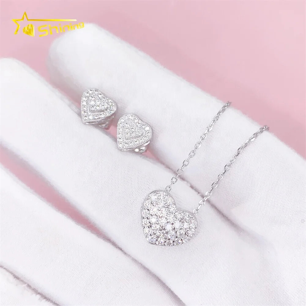 Woman Fashion Jewellery Beautiful White Gold Color Earrings with Vvs Moissanite Diamond Necklace with Heart Shape Pendant