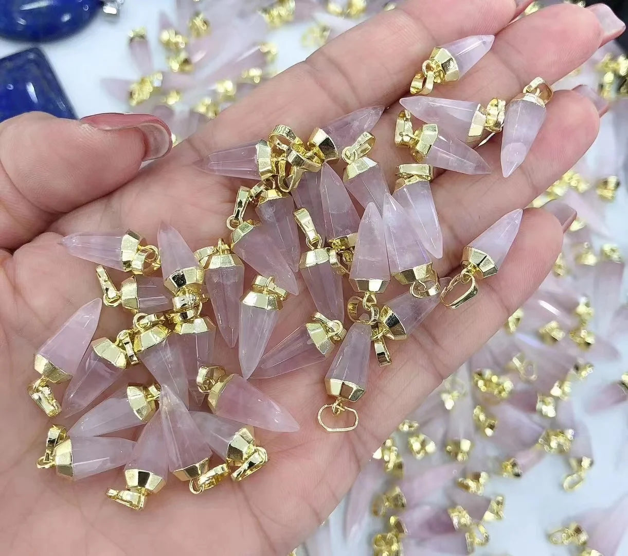 Tiny Rose Quartz Faceted Points Pendants Crafts Jewelry Healing Crystal Earrings Necklace Bulk Children's Classic Gold/Silver
