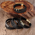 Mens Woven Leather Bracelet Grooved Accent Bead Gunmetal Slide Clasp Jewelry