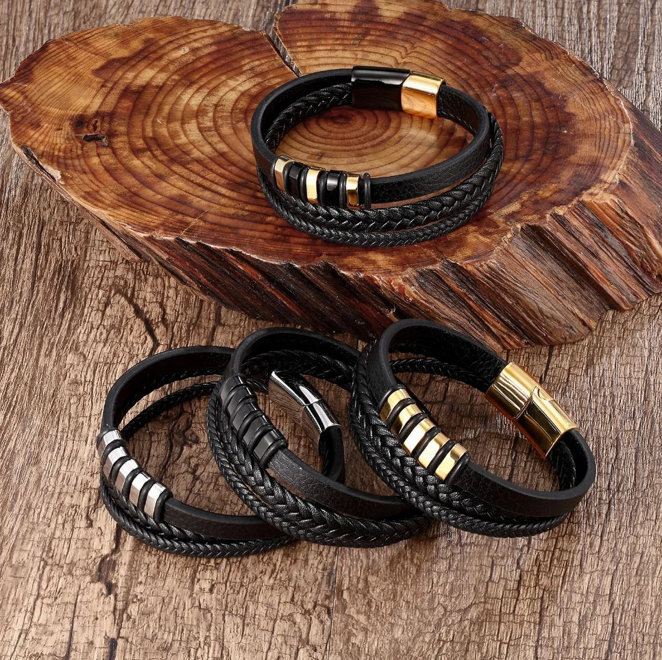 Mens Woven Leather Bracelet Grooved Accent Bead Gunmetal Slide Clasp Jewelry