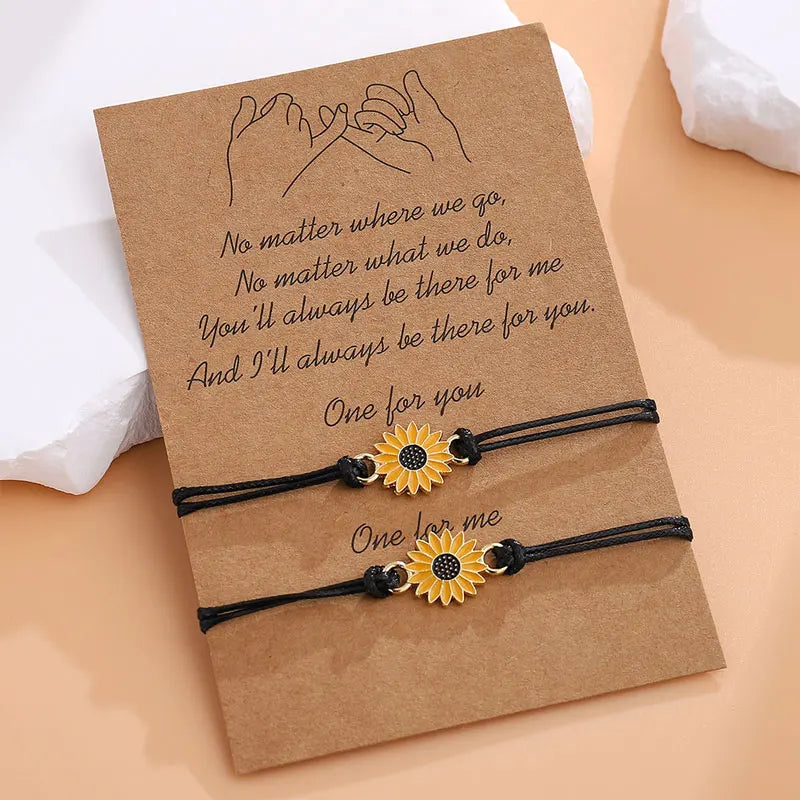 2026 Summer Yellow Sunflower Bracelet 2pcs Boho Adjustable Black Wax Rope Braided Daisy Flower Friendship Bracelets for Lover