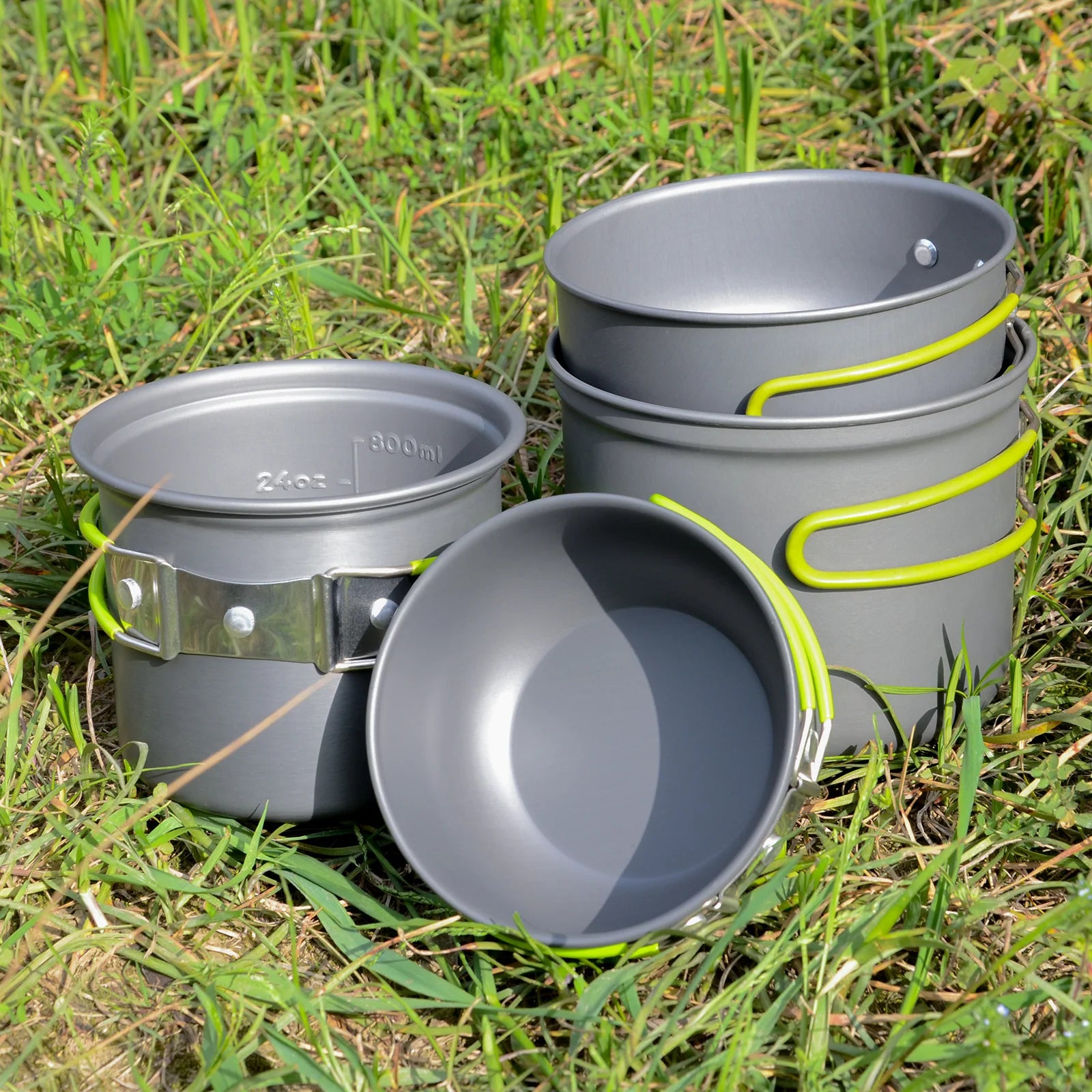 Aluminum Waterproof Camping Cookware Set with 2L/1L Capacity Portable Camping Stove Pot and Pan Folding Knife Fork Spoon Set