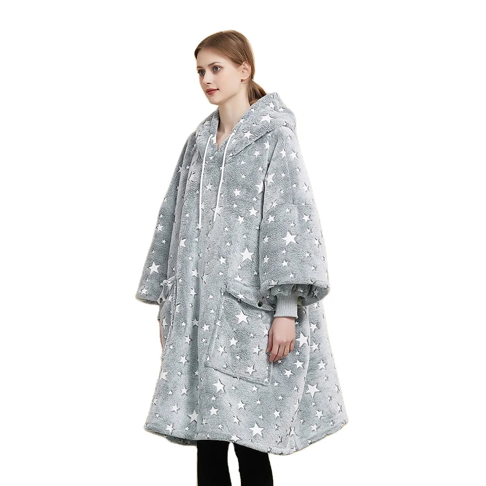 Custom Christmas Gift Parent-child Outfit Custom Logo Plush Oversized Wearable Glow in the Dark Hoodie Blanket With Pocket