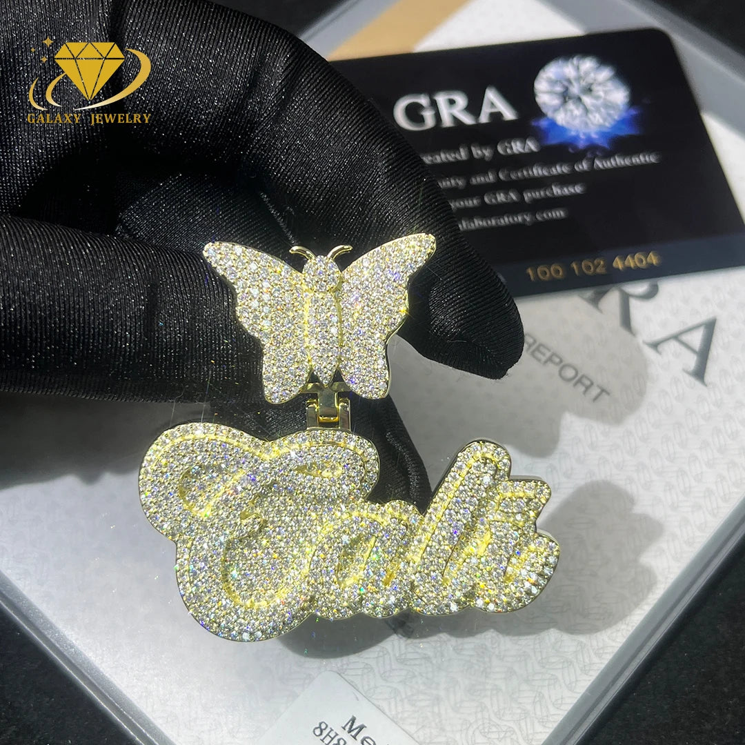 Custom Moissanite Pendant Name GRA Certificate 925 Silver Vvs Iced Out Hip Hop 2inches Moissanite Pendant With Butterfly Bail