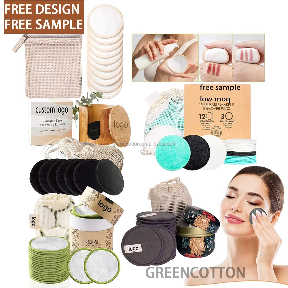 Custom Logo Washable Natural Eco Friendly Bamboo Cleansing Pads Exfoliator Cotton Face Reusable Sponge Pads