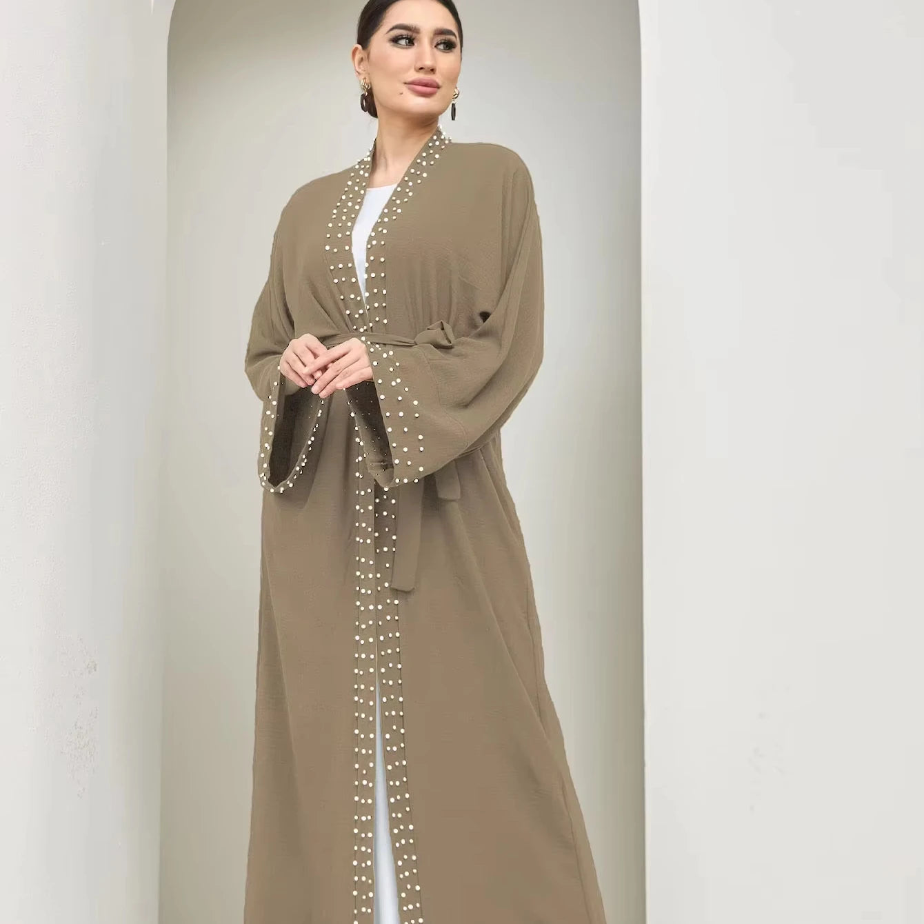 Nisa Modest Plus Size Muslim Women's Abaya Maxi Dress Solid Color Inner Cardigan Seamless Lightweight Breathable Design Belt