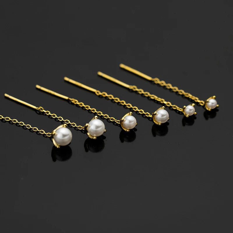 925 Sterling Silver Chain Stud Earrings Gold Plated Tassel Synthetic Pearl Pendant Women's Fashion Charm Drop Earrings Jewelry