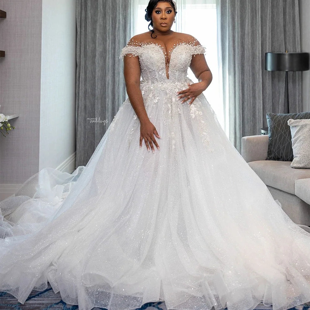 Cheap Wedding Dresses for Bride 2026 Sheer Neck Lace up Back Major Beads Sequins Plus Size Women Bridal Gowns MW386