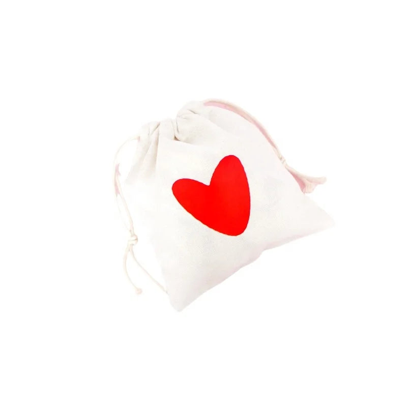Wholesale Red Love Heart White Cotton Storage Pouch Coffee Bag With Drawstring Wedding Gift Bags
