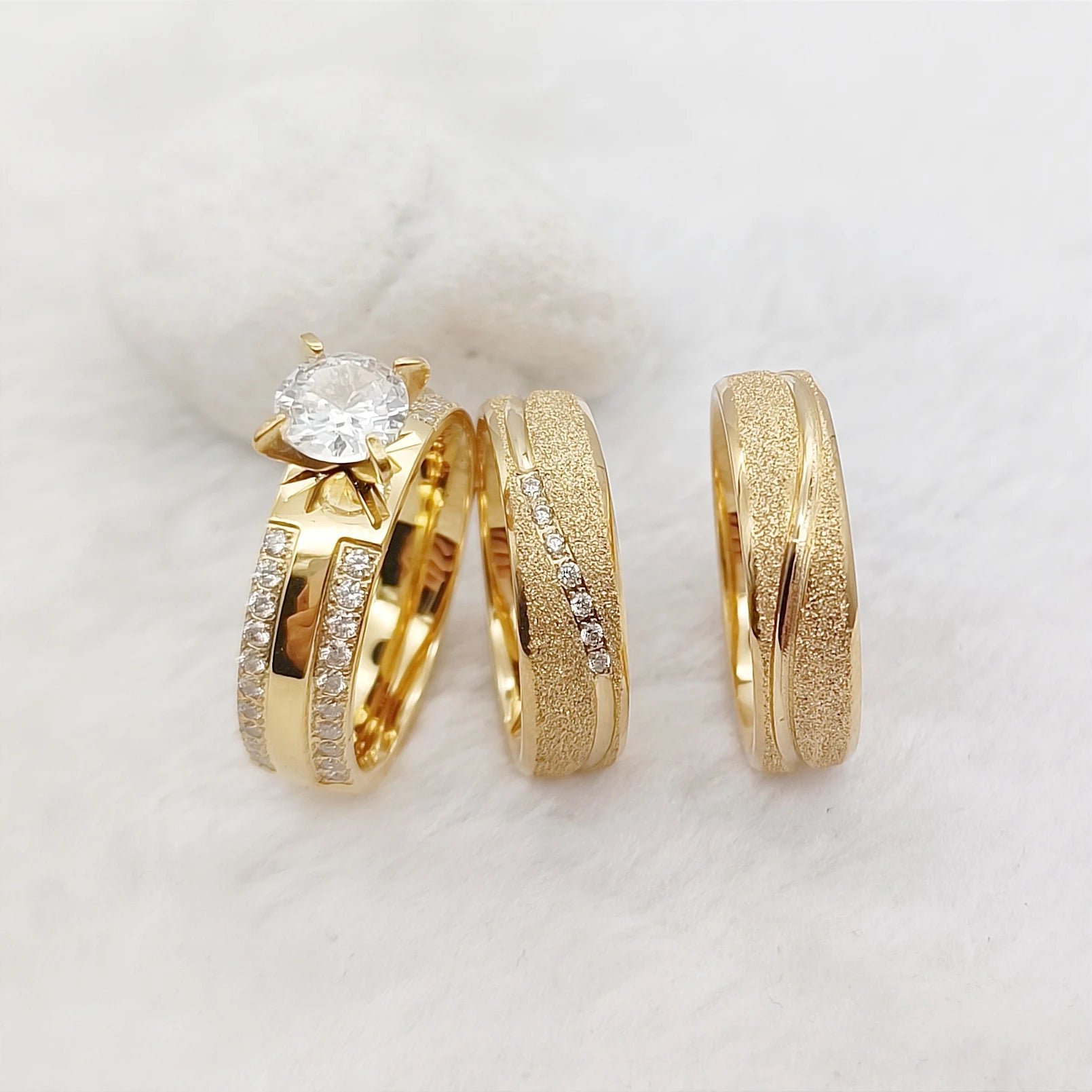Luxury Couple Ring for Wedding Proposals CZ Diamond Engagement Rings 3pcs Gold Plated Stainless Steel Bridal for Female Party