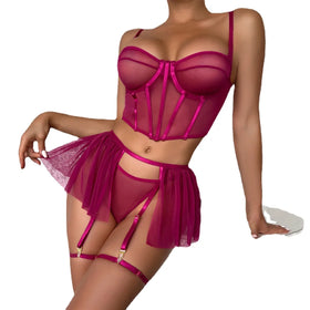 Open Lingerie Women Ruffle G-string Garter Transparent Bra Intimate Lace Underwear Set Sexy Lingerie