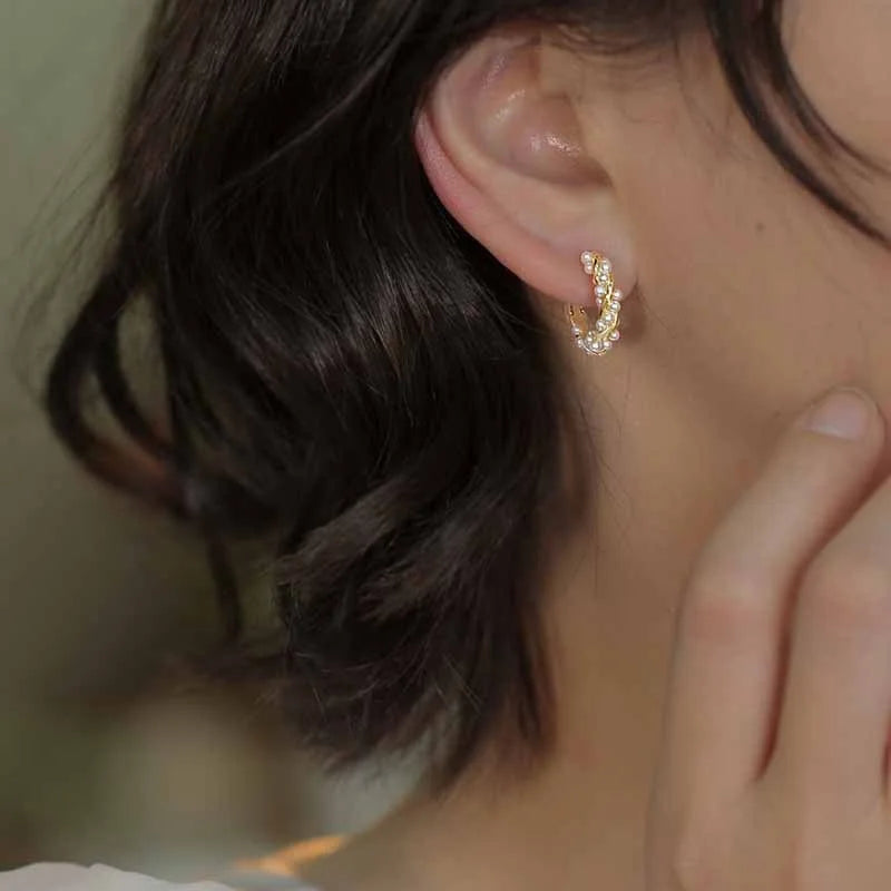 Lateefah 18k Real Gold Plated Inset Tiny Hoop Pearl Beads Twisted Pearls Hoop Earrings