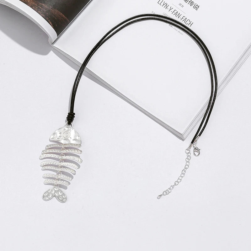 TongLing Minimalist Fish Silver Black Hide String Necklace Mothers Day Gifts Long Pendant Necklace for Daily Accessories