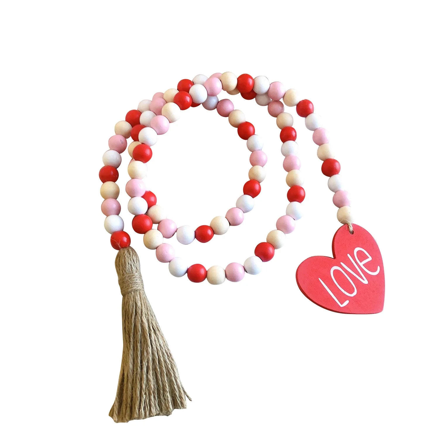Farmhouse Decor Rustic Wooden Hanging Ornament Heart Decoration Bead Tassel Garland for Valentine's Day Handmade Wood Home Decor