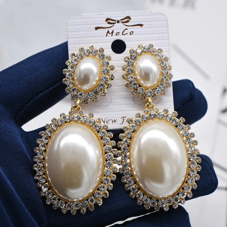 Wholesale Luxury Faux Pearl Rhinestone Dangle Crystal Peal Dangling Earring