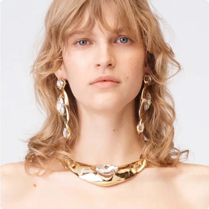 New ZA Shiny Crystal Punk Metal Chains Necklace Earrings Set for Women Luxury Wedding Party Jewelry Accessories
