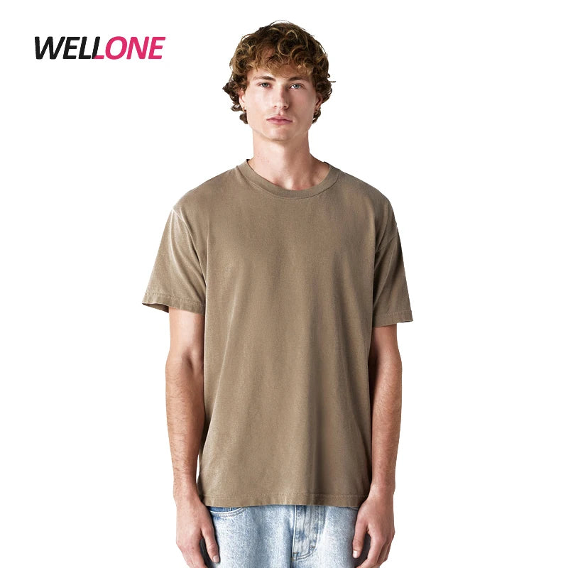 Plus Size Men's Clothing Factory Custom Logo Blank Brown Short Sleeve American Pure Cotton T-shirt Solid Color Plain Dyed Tshirt